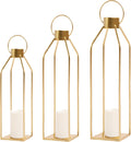 Modern Farmhouse Lantern Decor - Gold Metal Candle Lanterns with Timer