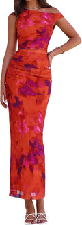 One Shoulder Floral Maxi Dress - Flattering Ruched Mesh Bodycon Shoes