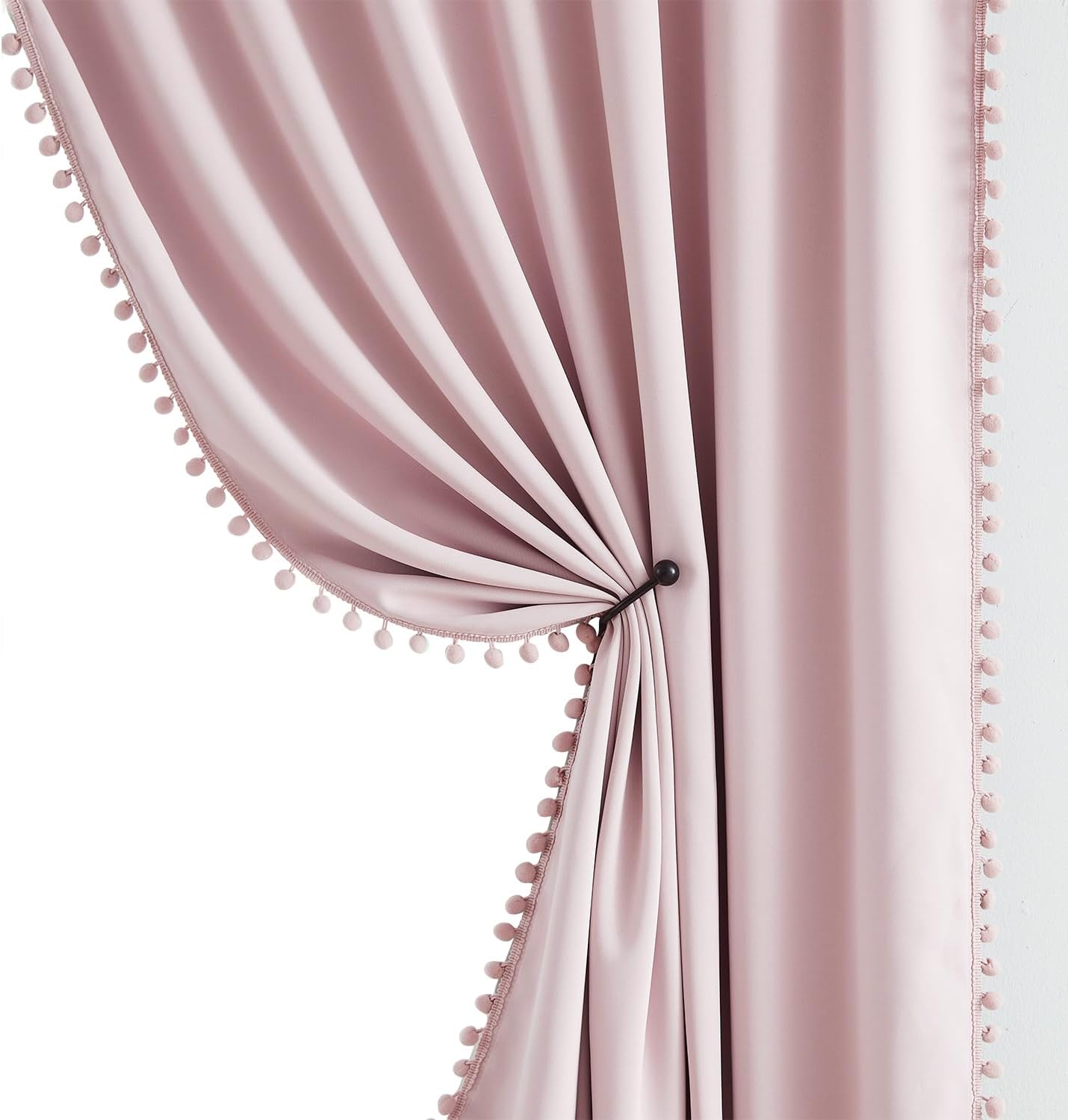 Treatmentex 100% Full Blackout Curtains with Cute Pink Pom Poms