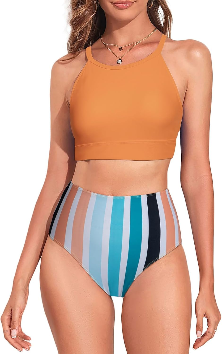 Herseas Women's High Neck Tropical Leaf Print Bikini Set