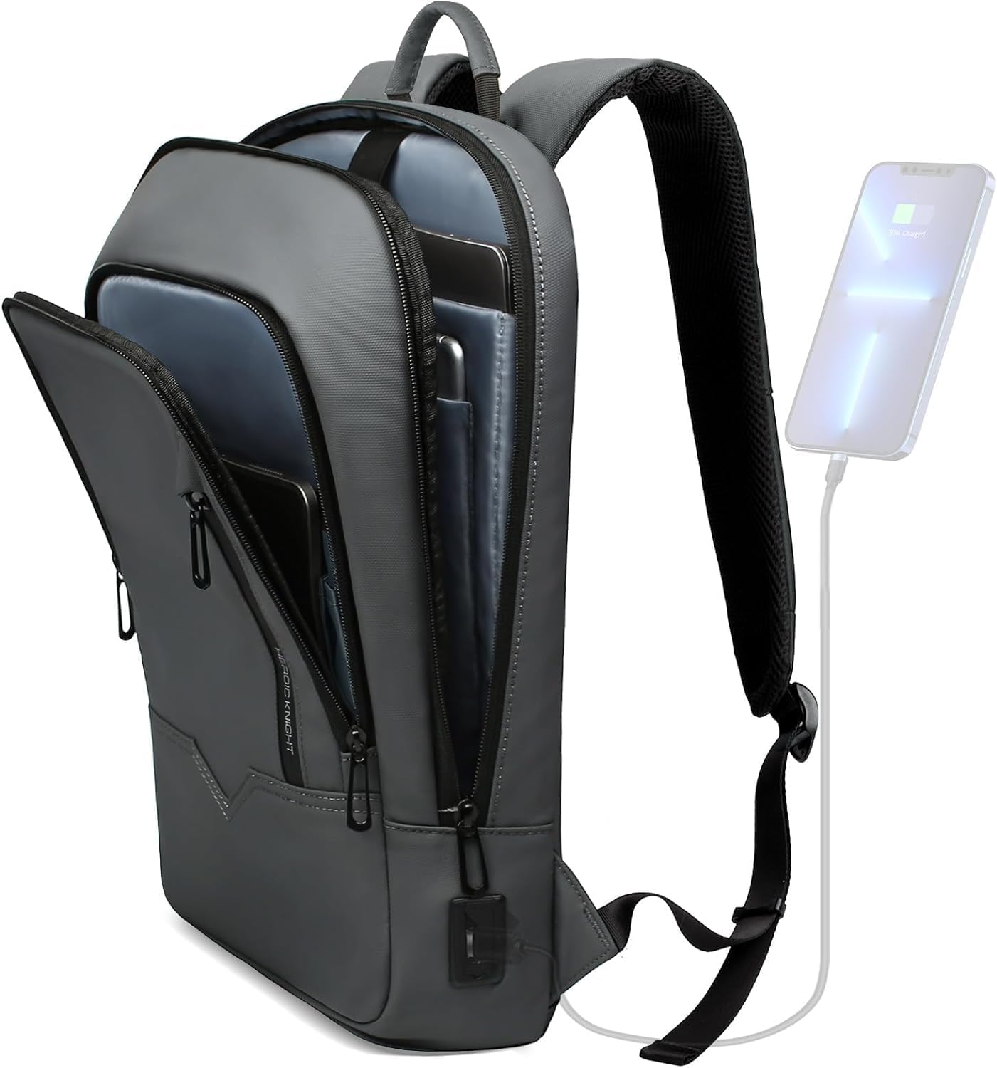 hk Slim Business Backpack with USB Charger for Men - Dark Grey