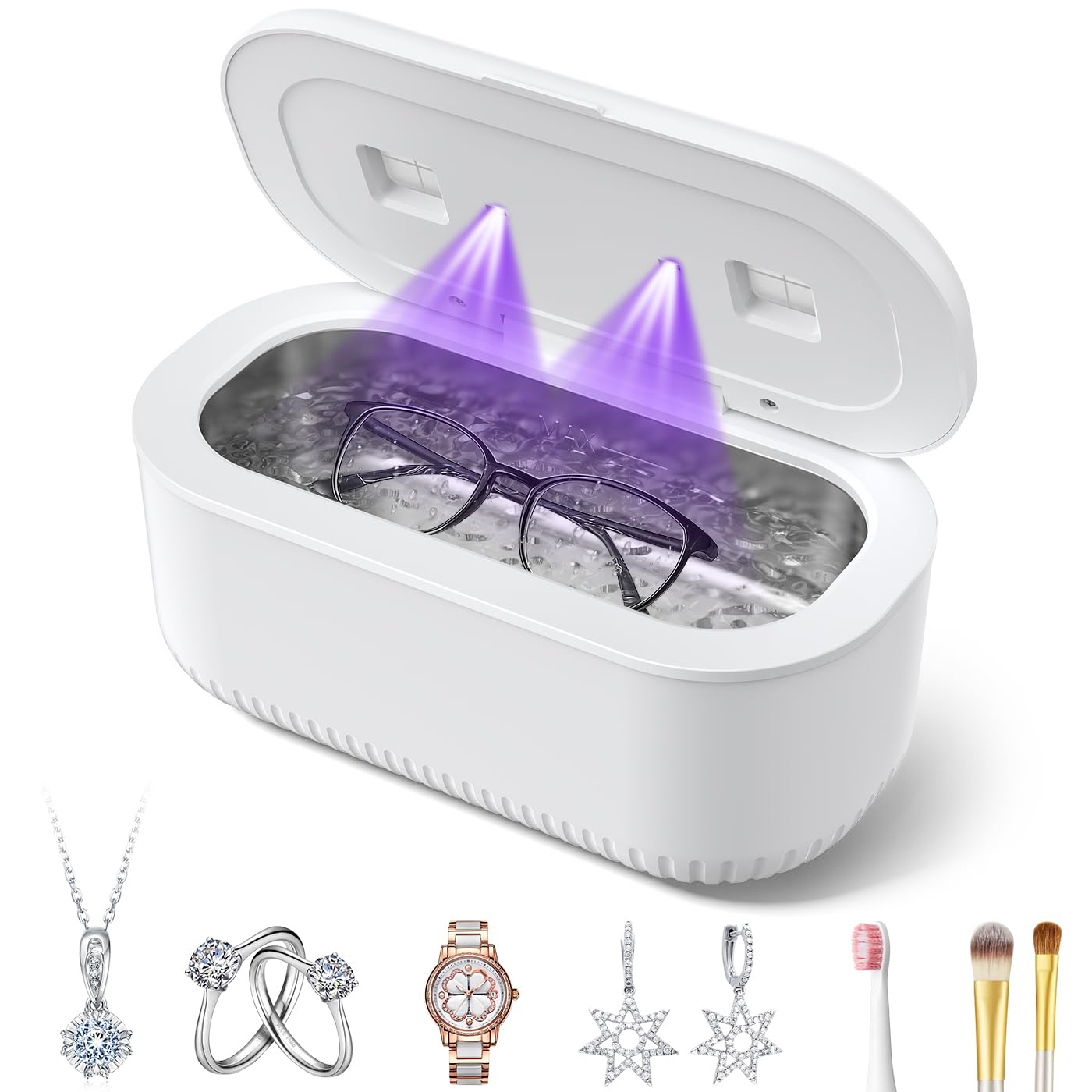 48kHz Ultrasonic Jewelry Cleaner with Dual Brush Ports and UV Lights