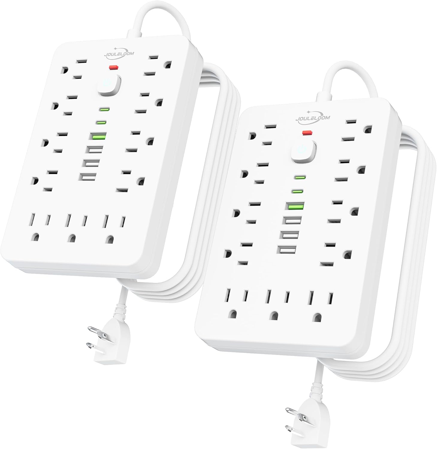 2 Pack 6 FT Flat Plug Surge Protector Power Strip with USB Ports