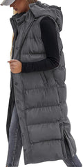 Long Puffer Vest Women Quilted Hooded Button Down Zip Up - Warm Fit