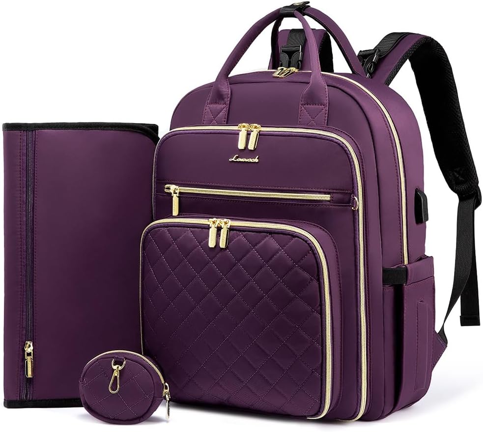 LOVEVOOK Diaper Bag Backpack with Changing Pad & Holder in Purple