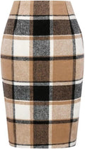 Plaid Knee Length Pencil Wool Skirt with Slit - Tailored Office Fit