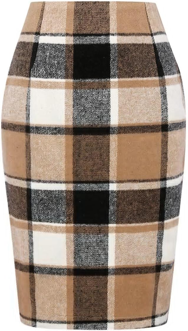 Plaid Skirts for Women Fall Winter Knee Length Pencil Wool Skirt