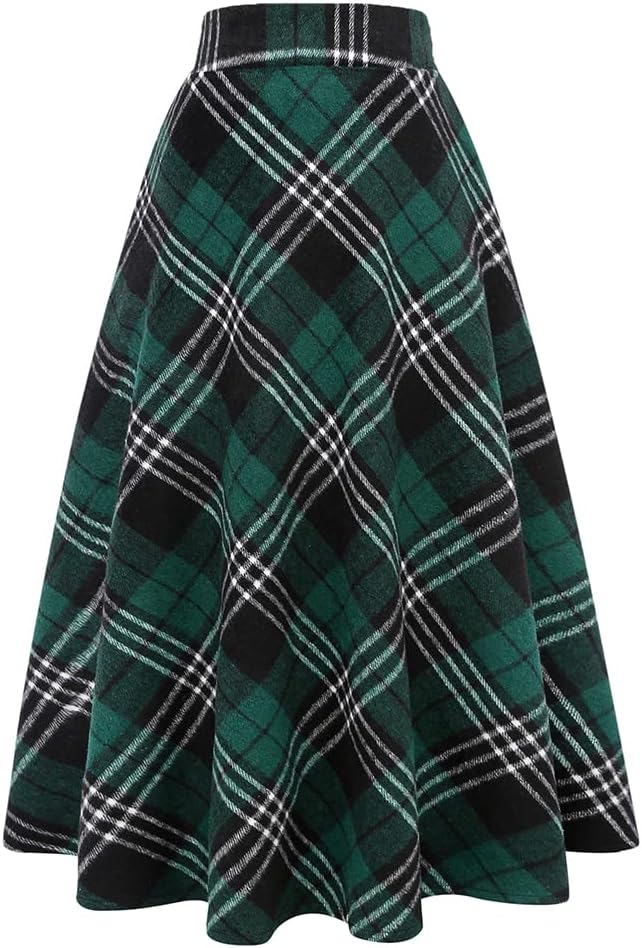 Long Plaid Wool Skirt for Womens Winter Fall Warm A-Line Style