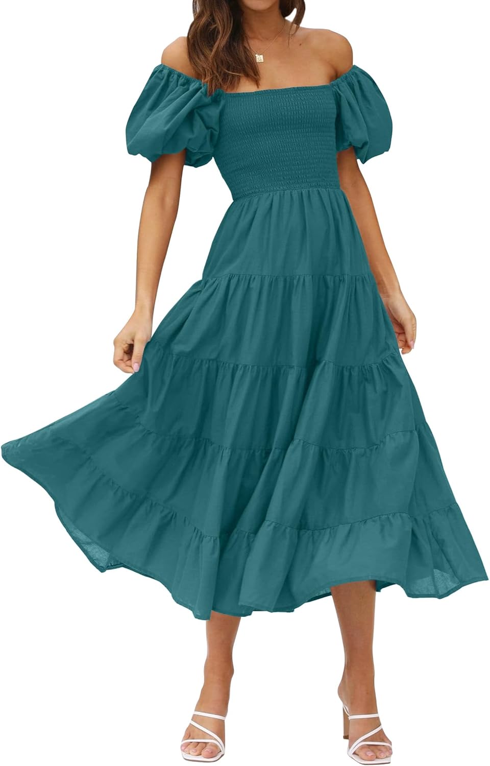 ZESICA Women's Summer Square Neck Puff Sleeve Midi Dress