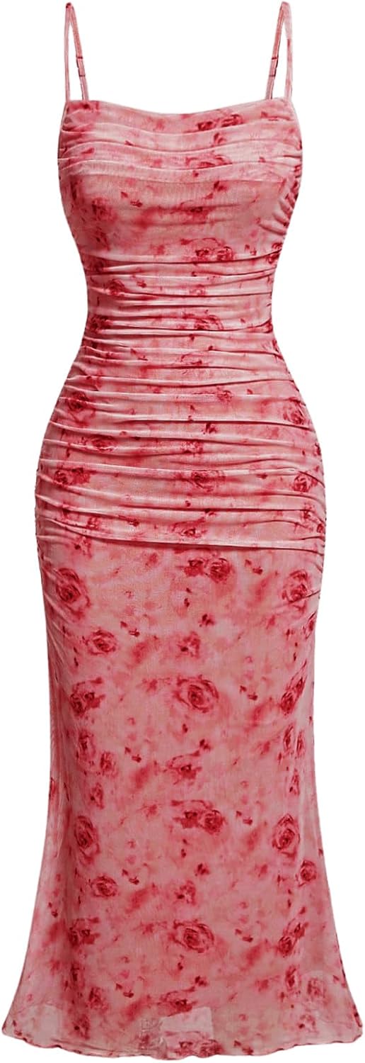 GORGLITTER Women's Floral Ruched Bodycon Midi Dress for All Occasions