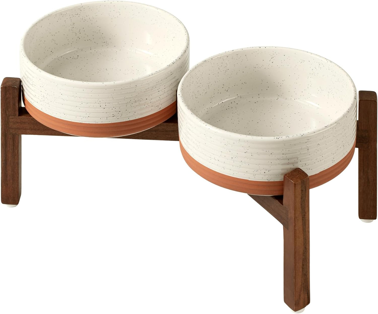 Ceramic Raised Double Dog Bowls Set with Acacia Wood Stand