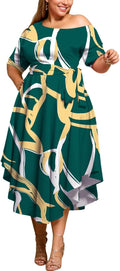 Plus Size Women Wedding Guest Dress Off Shoulder Boat Neck Midi Short
