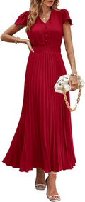 Women's Maxi Dress V Neck Pleated Button-Up - Lightweight Summer