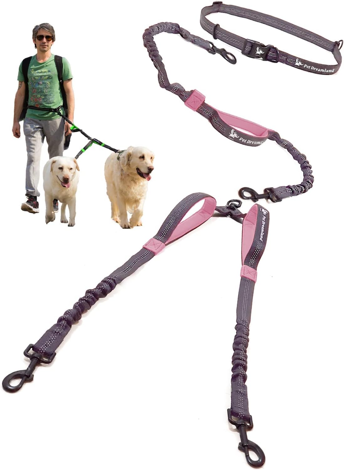 Exquisite Hands Free Dual Dog Leash for Large Dogs - No Tangle