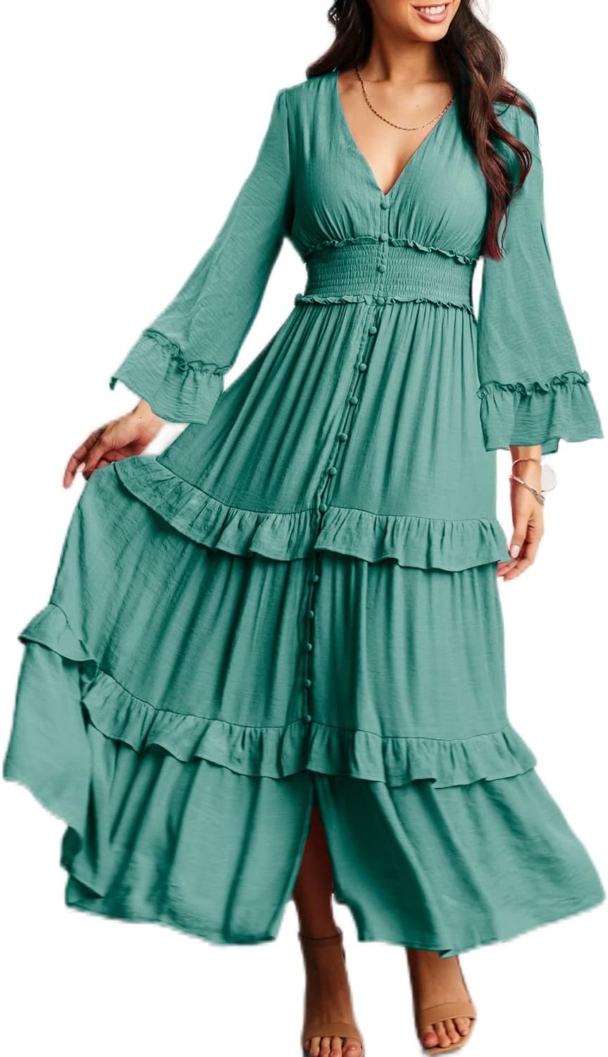 Amegoya Women's V Neck Long Sleeve Boho Maxi Dress for Weddings