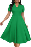 Womens Short Puff Sleeve V Neck A-Line Dress - Classic Knee-Length