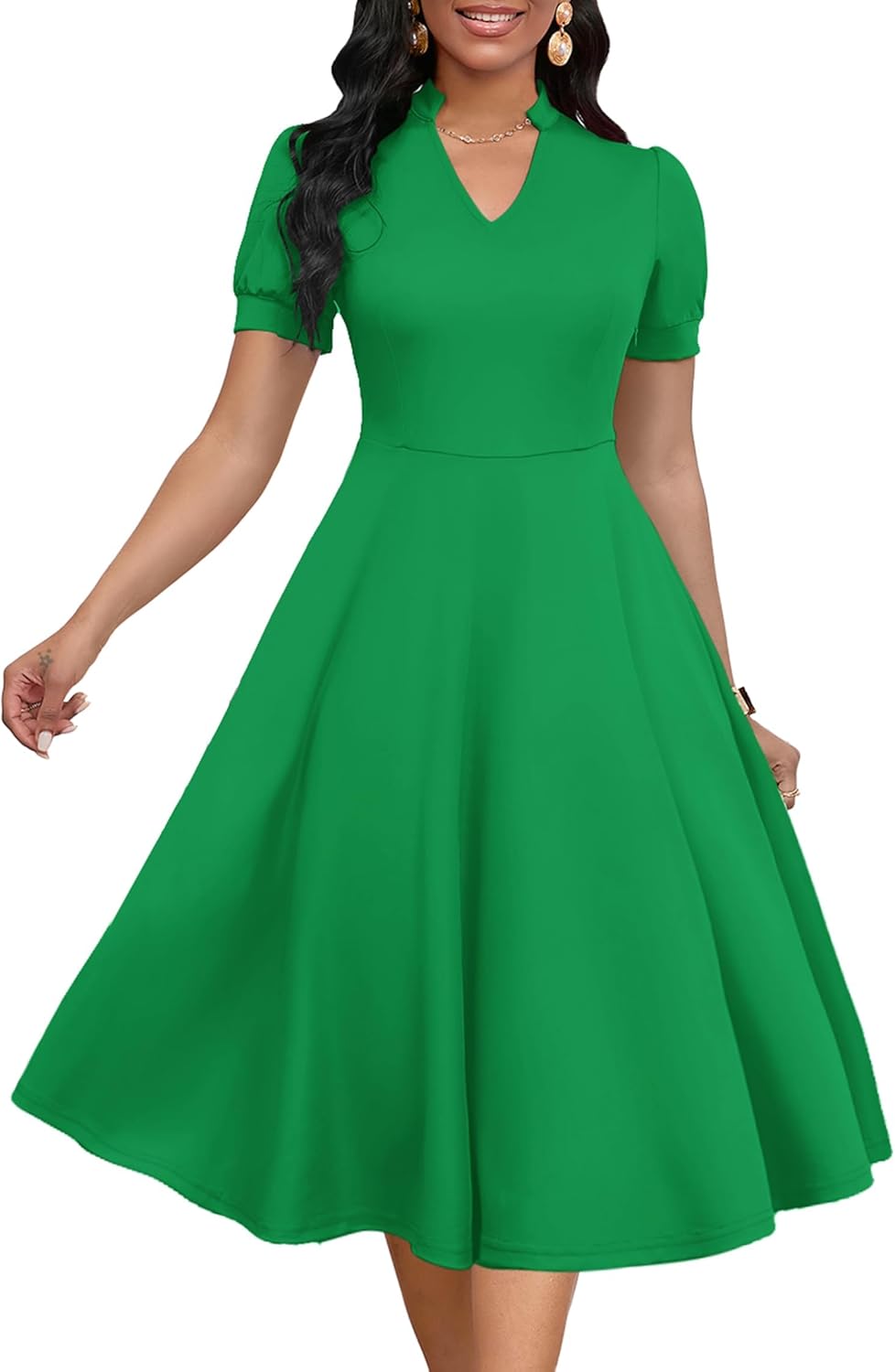 Womens Short Puff Sleeve V Neck Casual Semi-Formal Dress