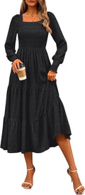 CFLONGE Women's Fall Puff Sleeve Square Neck Maxi Dress - Flowy Fit