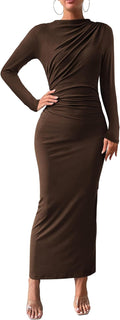 Bodycon Maxi Dress Long Sleeve Back Slit Ruched - Elegant Fit FEATURE