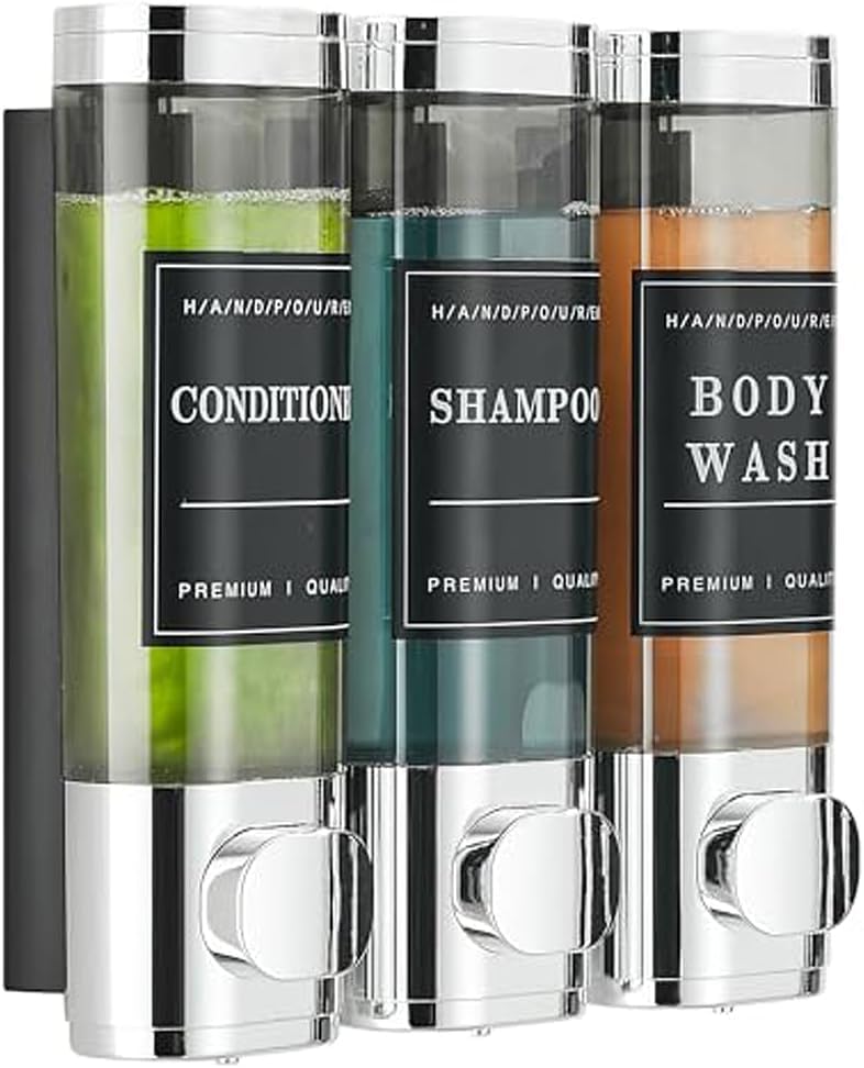 Shower Shampoo Dispenser 3 Chamber No Drill Wall-Mounted Chrome