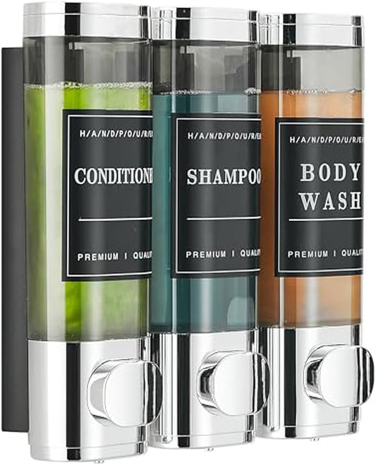 Shower Shampoo Dispenser 3 Chamber No Drill Wall-Mounted Chrome