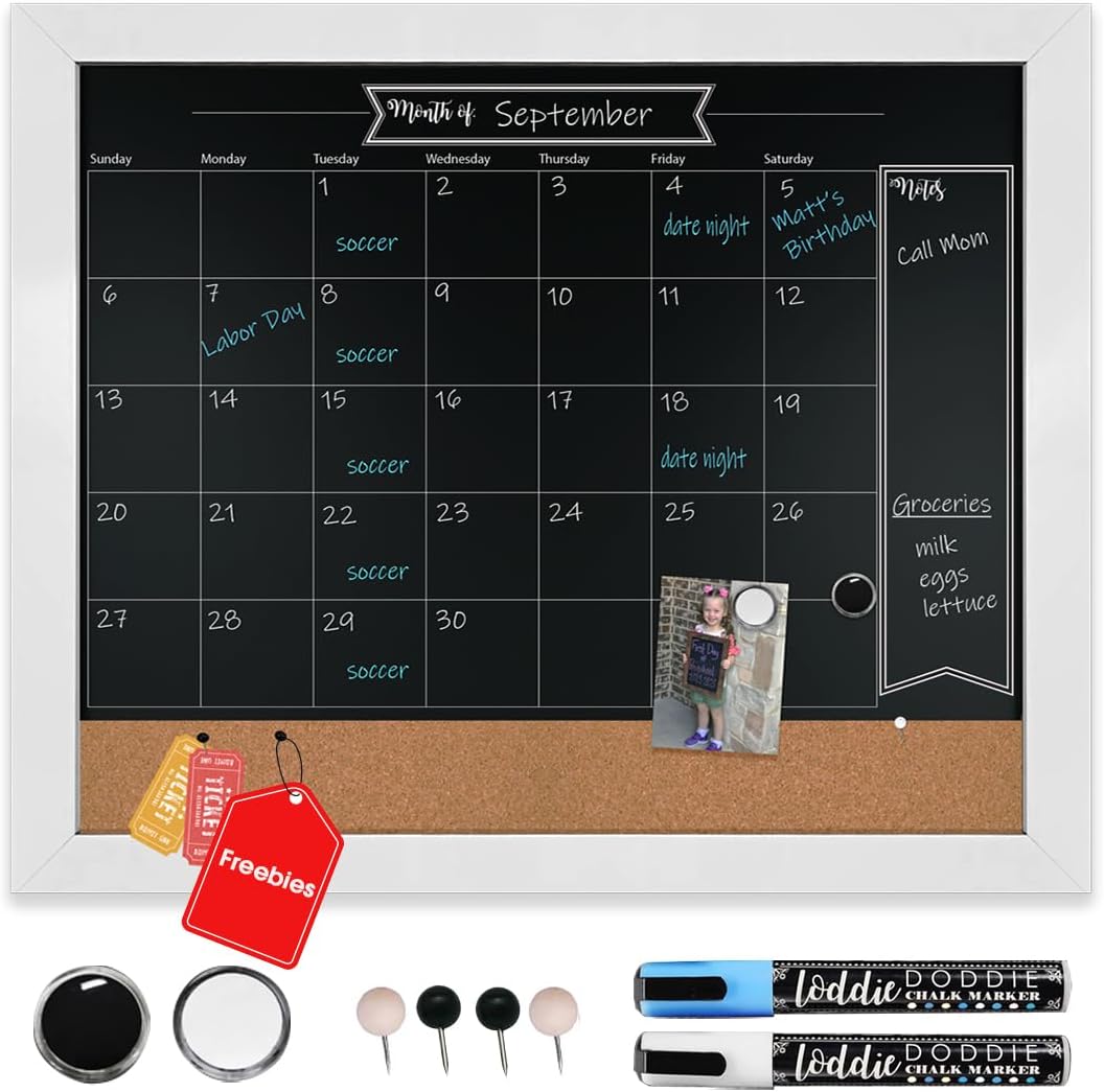 Magnetic Chalkboard Calendar - 18x24 White Framed Wall Decor