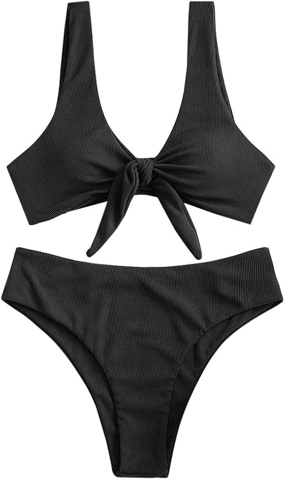 ZAFUL Women Tie Front Bikini Set Ribbed High Cut Two Piece Swimsuit