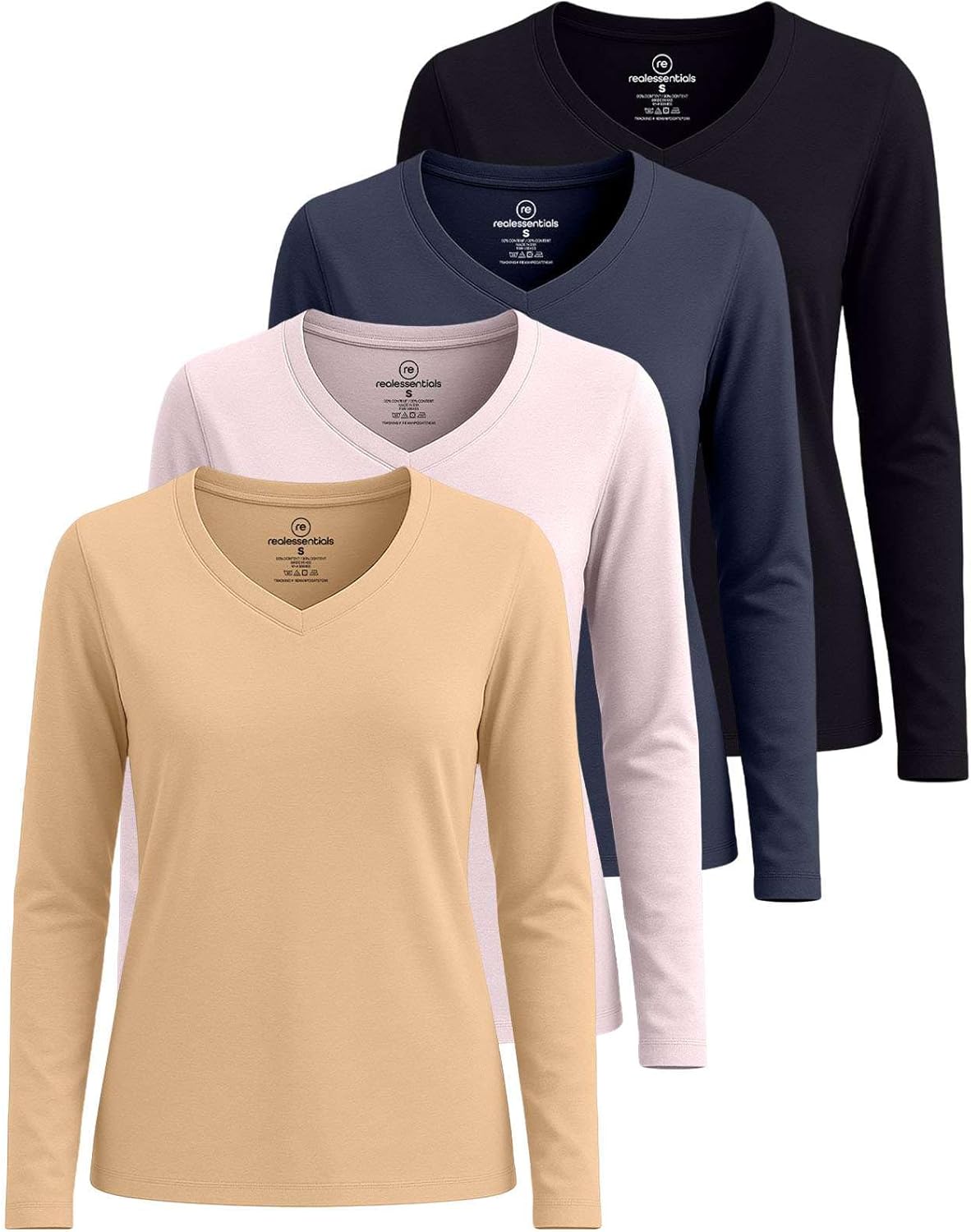 Real Essentials Women's V-Neck Long Sleeve T-Shirt 4 Pack