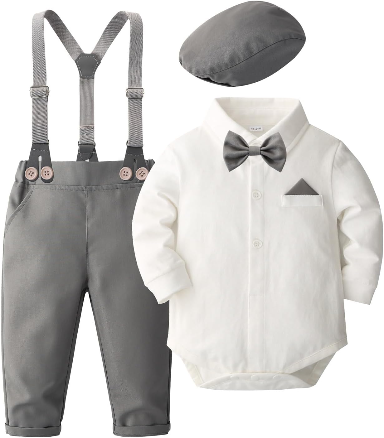 Baby Boy Dress Suit Set with Bowtie, Suspenders, and Pants