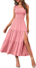 Women's One Shoulder Smocked Midi Dress - Flowy Summer Split MEROKEETY