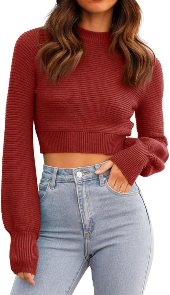 GeGekoko Womens Sexy Crew Neck Cropped Sweater for Fall Fashion