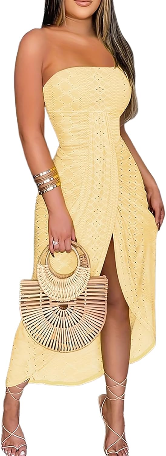 Strapless Maxi Bodycon Dress with Asymmetrical Hemline for Summer
