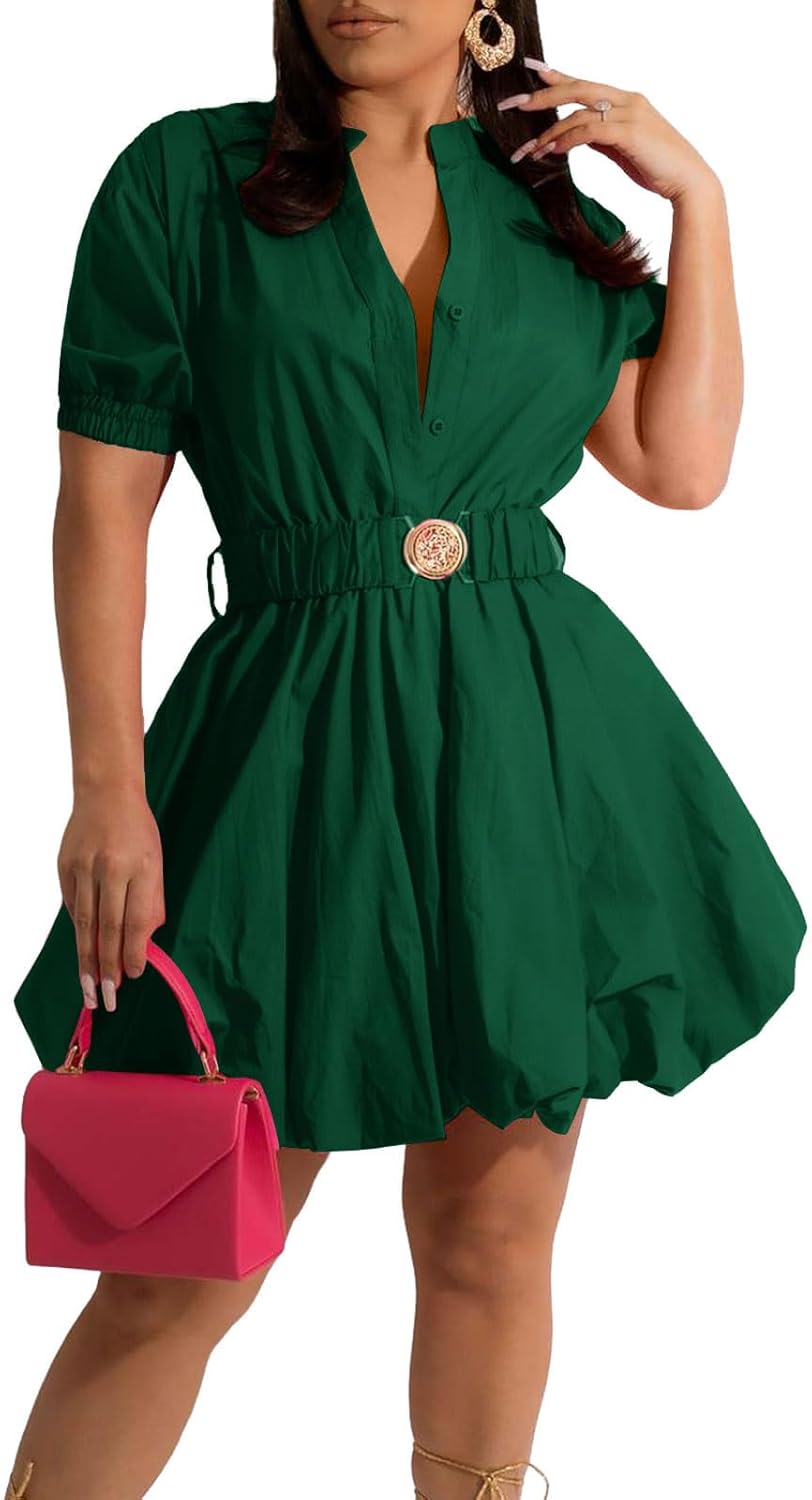 ENOPINK Womens Mini Dress Puff Sleeve V Neck High Waist Style
