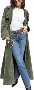 Womens Faux Suede Long Trench Coat Notched Lapel Double Breasted Pea