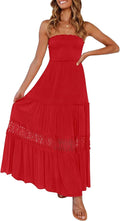 ZESICA Women's Summer Bohemian Strapless Lace Trim Maxi Dress