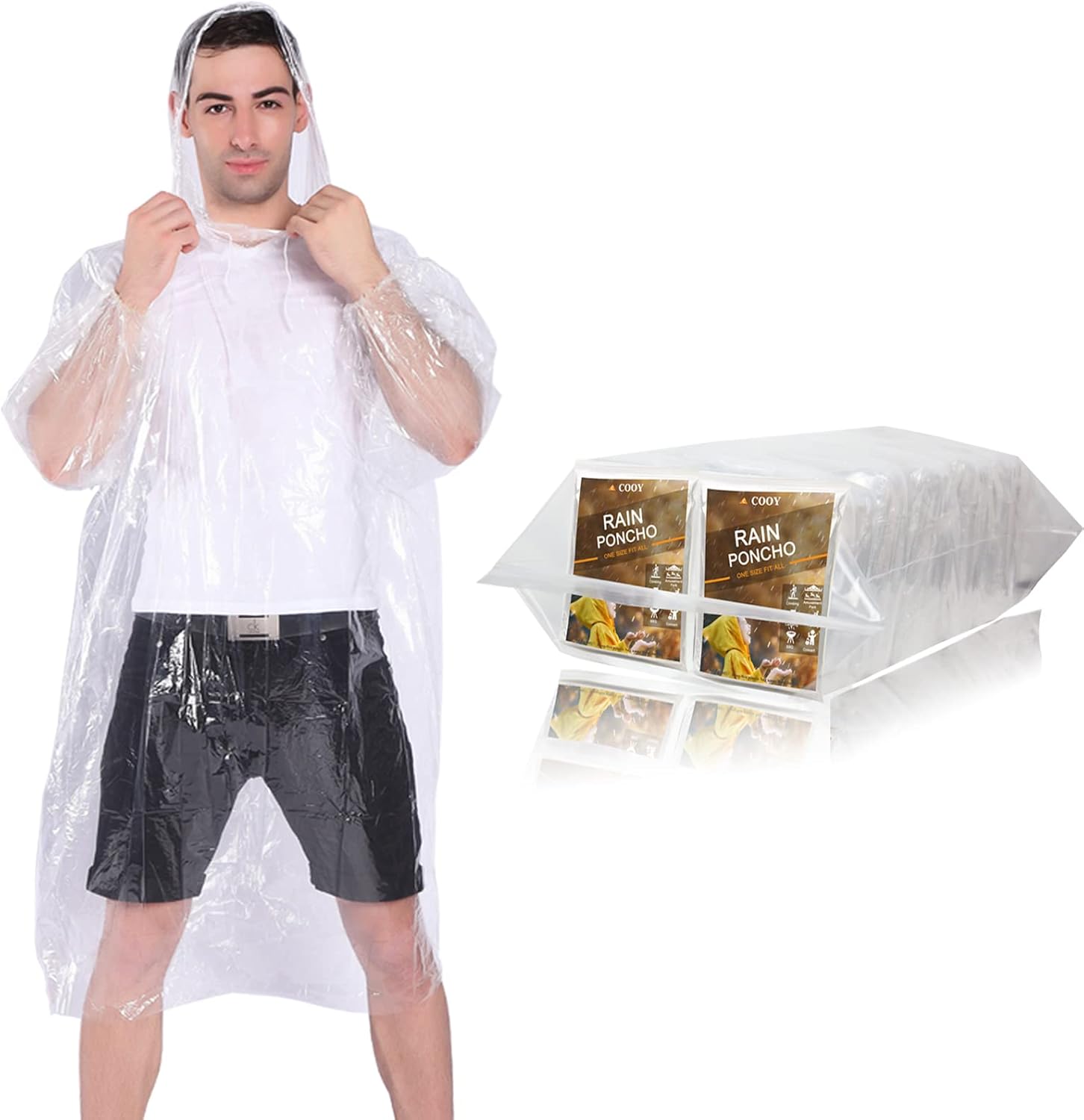 Emergency Disposable Rain Ponchos with Drawstring Hood - 10 Pack
