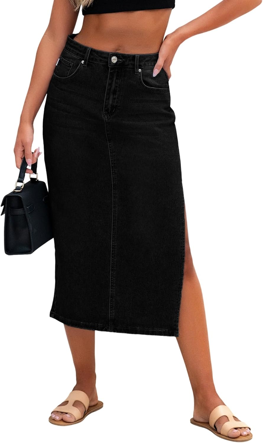 Genleck Women Denim Maxi Skirt with Side Split for Casual Wear