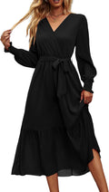 Floral Boho Maxi Dress - Flowy Wrap V Neck Ruffle Dress PRETTYGARDEN