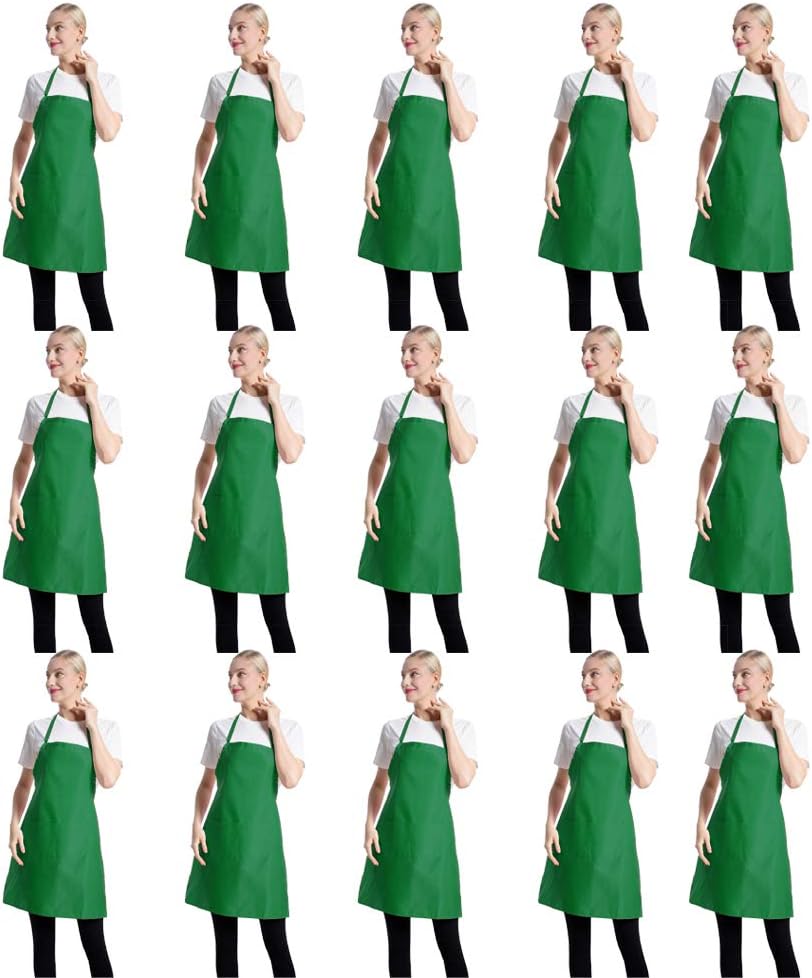 Total 15 PCS Green Plain Bib Aprons for Cooking and Crafting