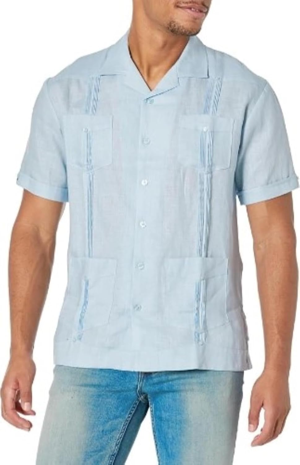 Linen Short Sleeve Button-Down Guayabera Shirt for Men