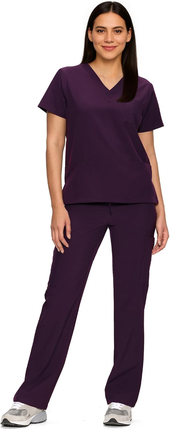 Scrubs for Women Set with V-Neck Top and Relaxed Fit Pants