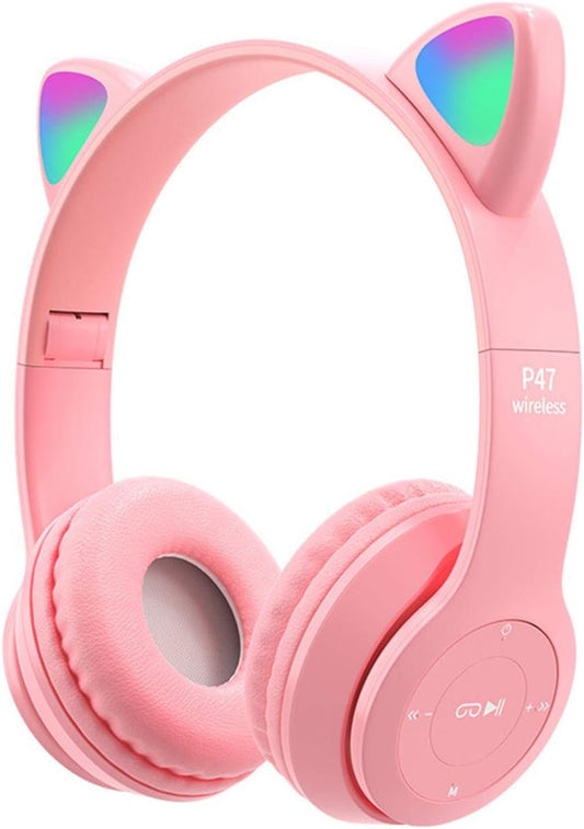 Cat Ear Bluetooth Headset, LED Light, Noise Cancelling, Pink