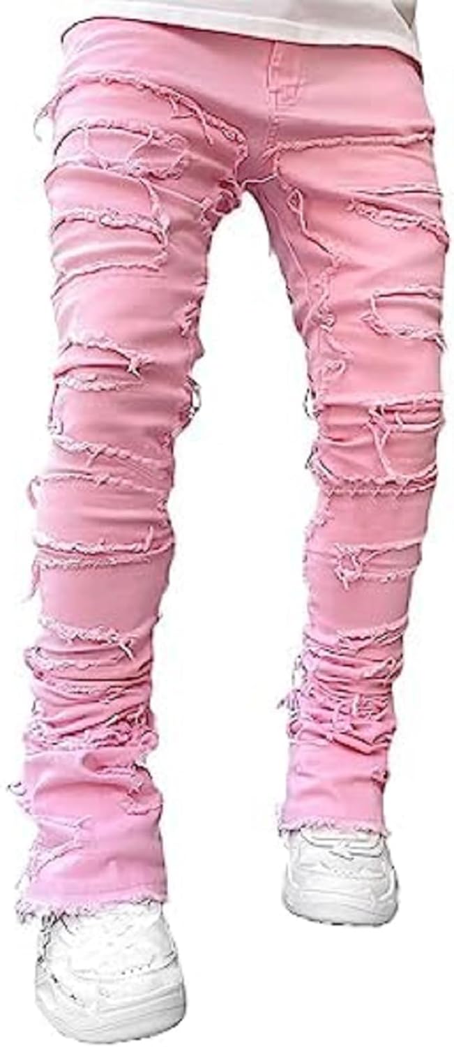 Stacked Jeans Men Skinny Ripped Denim Pants for Trendy Style