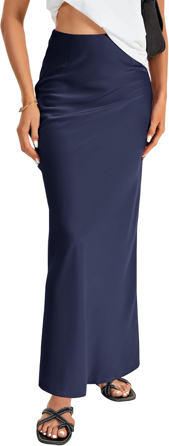 Elegant Satin Silky High Waist A Line Maxi Long Skirt for Women