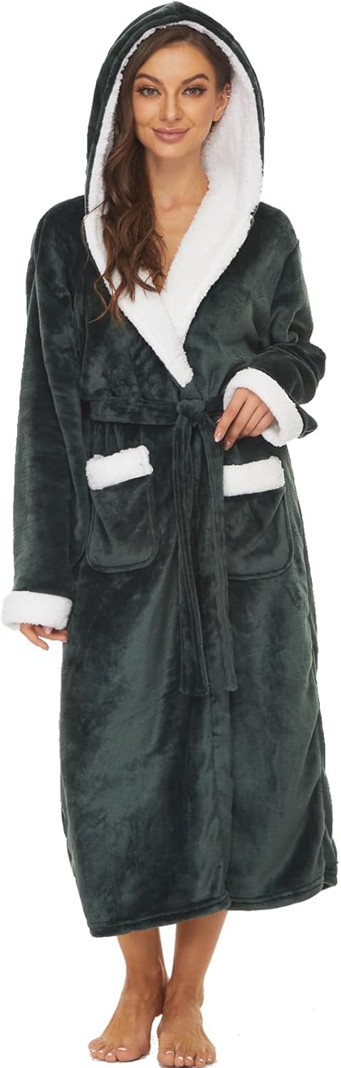 Iniber Plush Robes for Women - Cozy Fleece Hooded Bathrobe