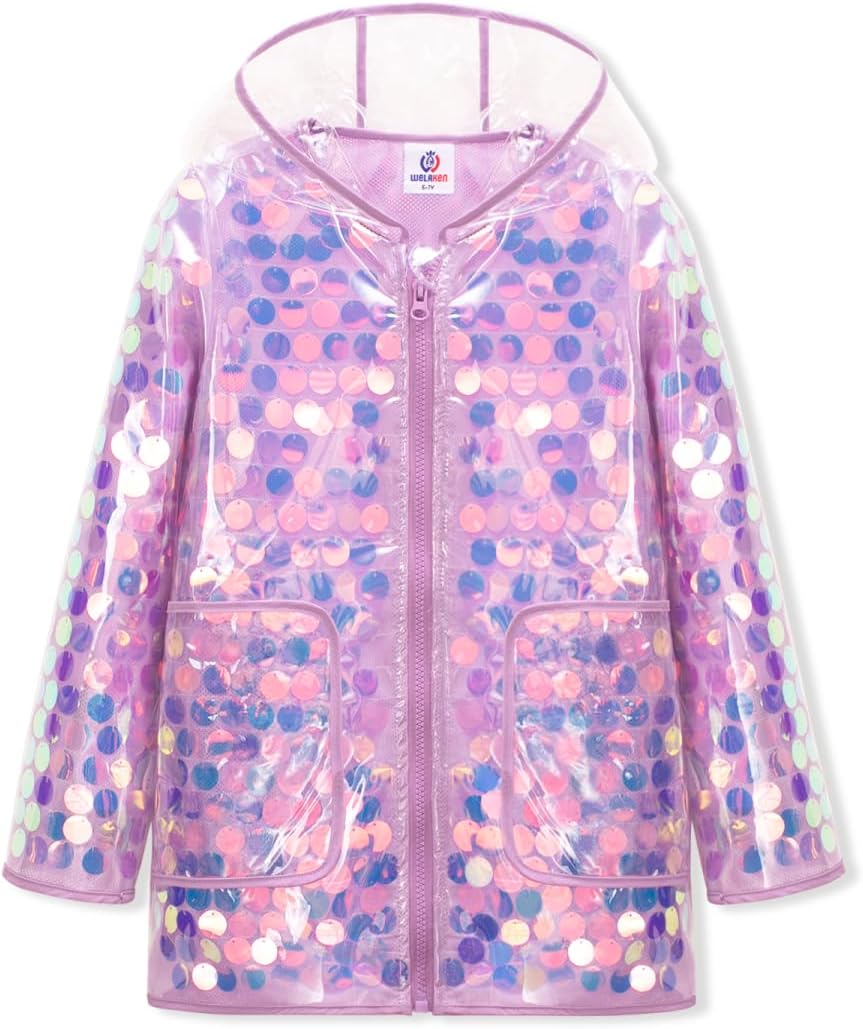 WELAKEN Girls Sequin Raincoat Waterproof Hooded Outwear Jacket