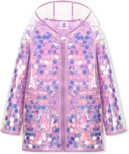 WELAKEN Girls Sequin Raincoat Waterproof Hooded Outwear Jacket