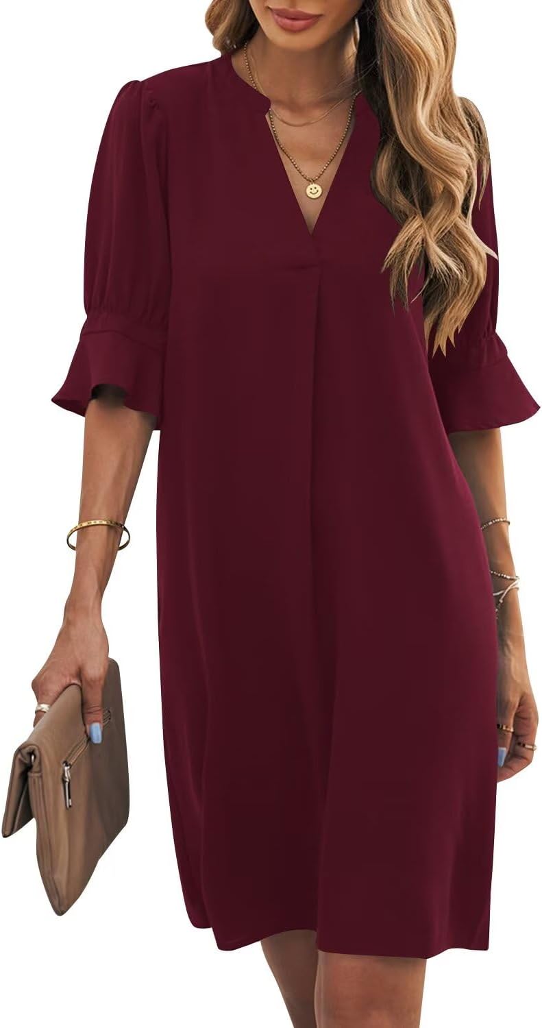 Wkior Shift Dress for Women V Neck Short Sleeves Casual Style