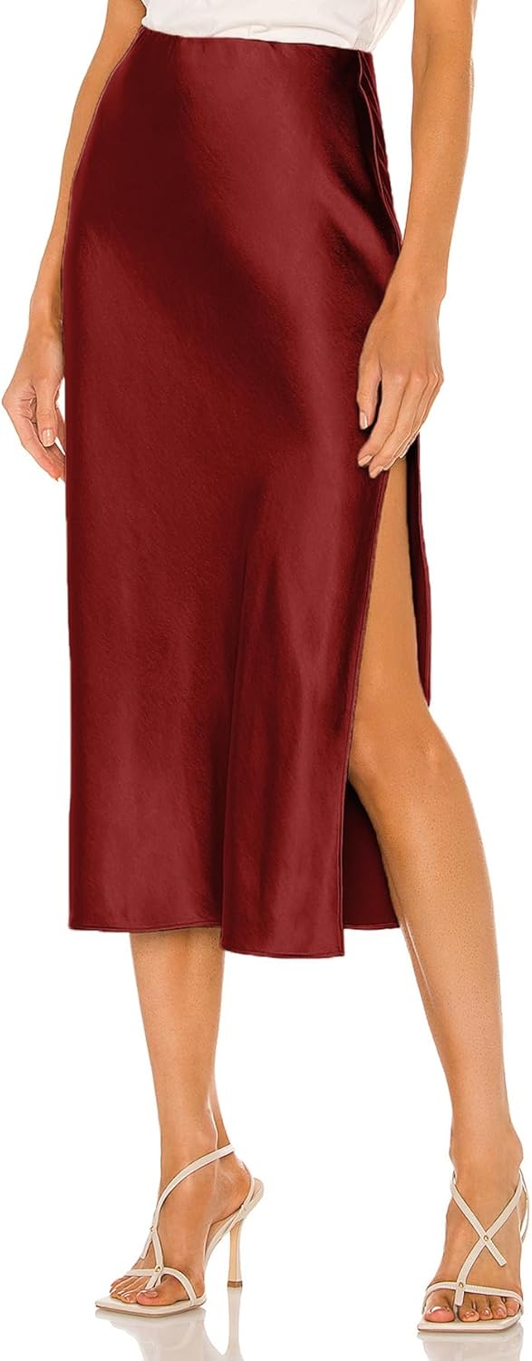 Womens Satin Silk High Waist Slit Midi Skirt for Every Occasion