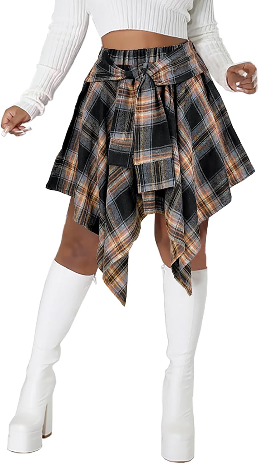 Women's Plaid Skirts High Waisted Knot Front Mini Skater Skirt